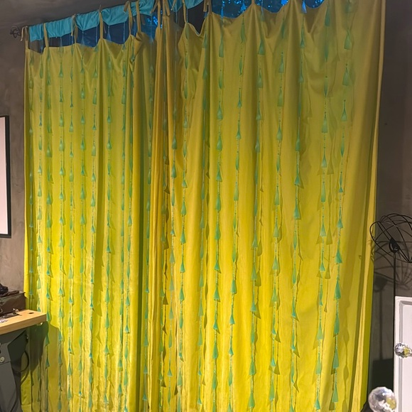 Chartreuse green velour drapes with aqua blue trim and accents - Picture 6 of 6